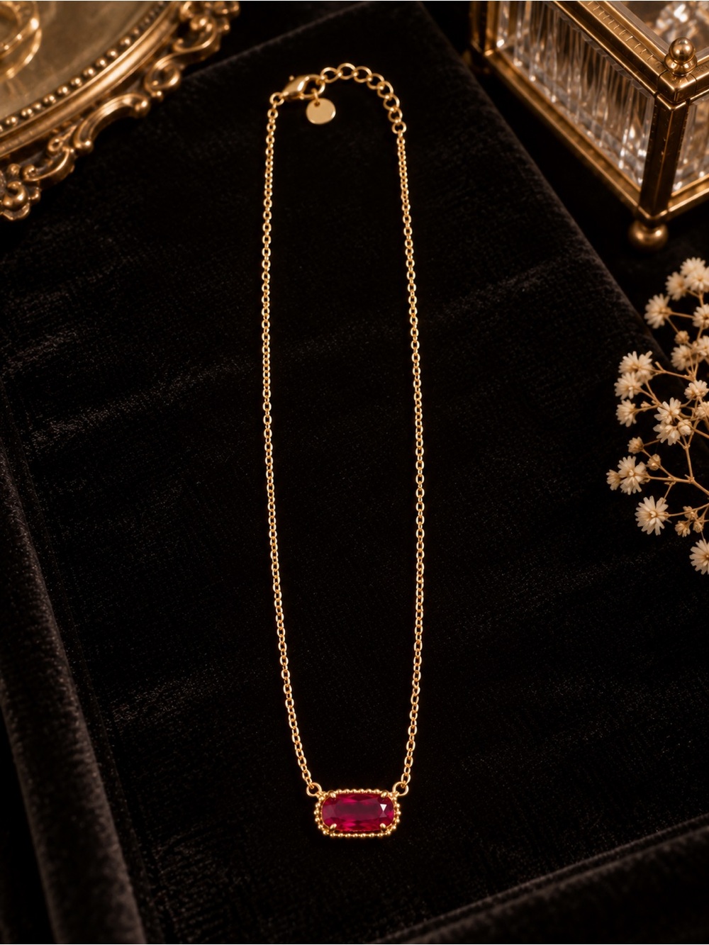 Gold Chain Necklace with Deep Red Gemstone Pendant